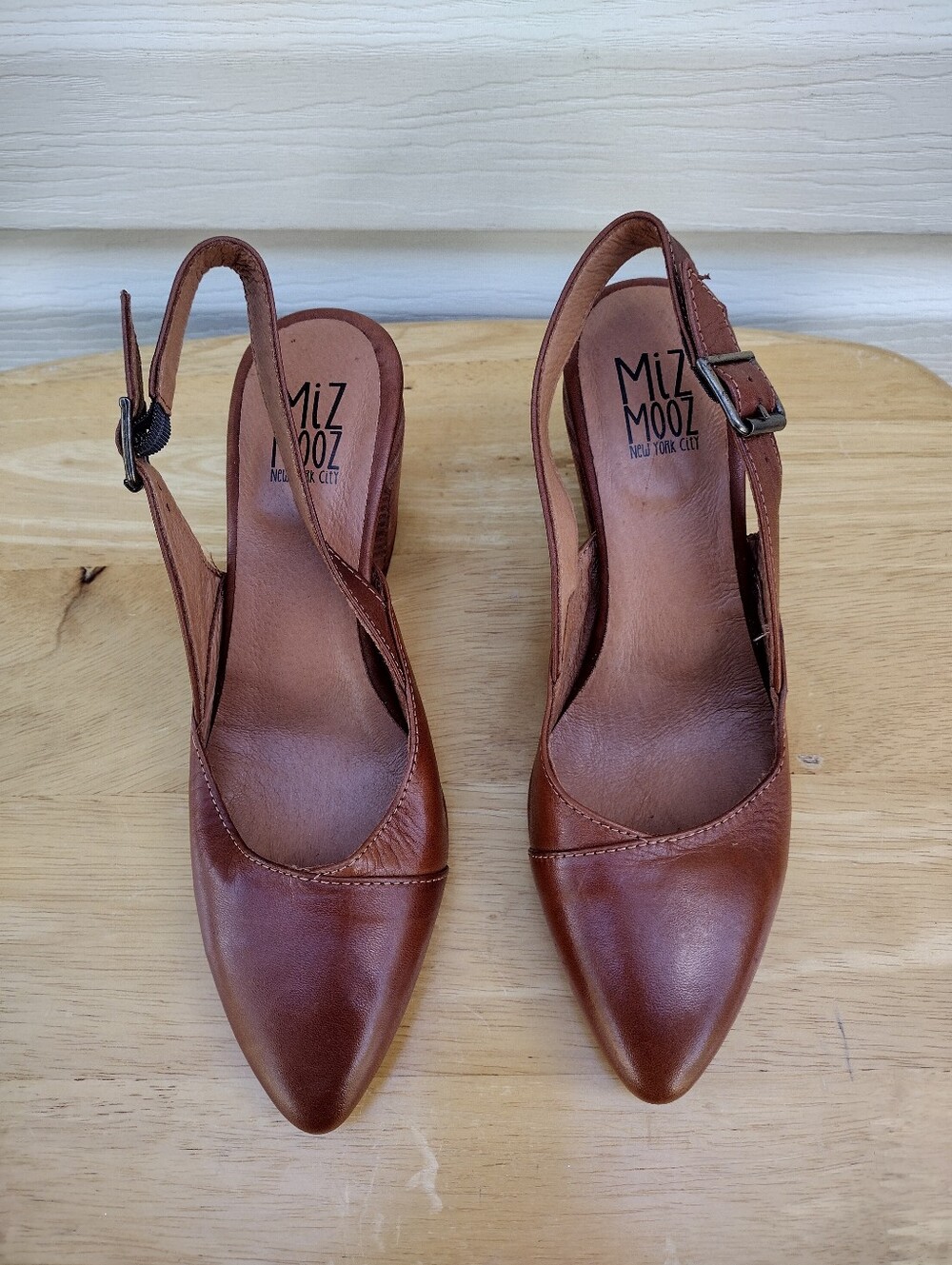 Miz Mooz Aurora Slingback Pumps Womens 37 US 7 Brown Leather Block Heeled Shoes